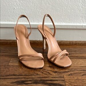 Larroude Annie slingback stiletto sandals in tan, size 7.5